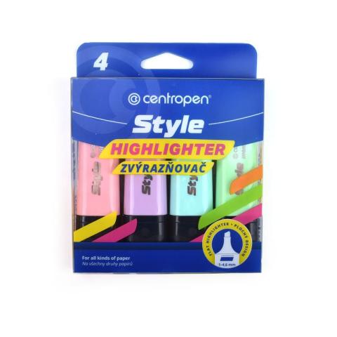 Zvýrazňovač plochý Centropen Style 6252/4ks pastelové barvy